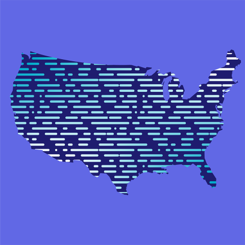 A violet background with an outline of the United States in the center