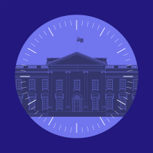 A violet background with an image of the white house in the center. 